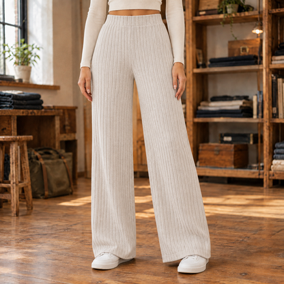 Ruby Rib-Knit Wide-Leg Pants - Oatmeal, worn, full pants