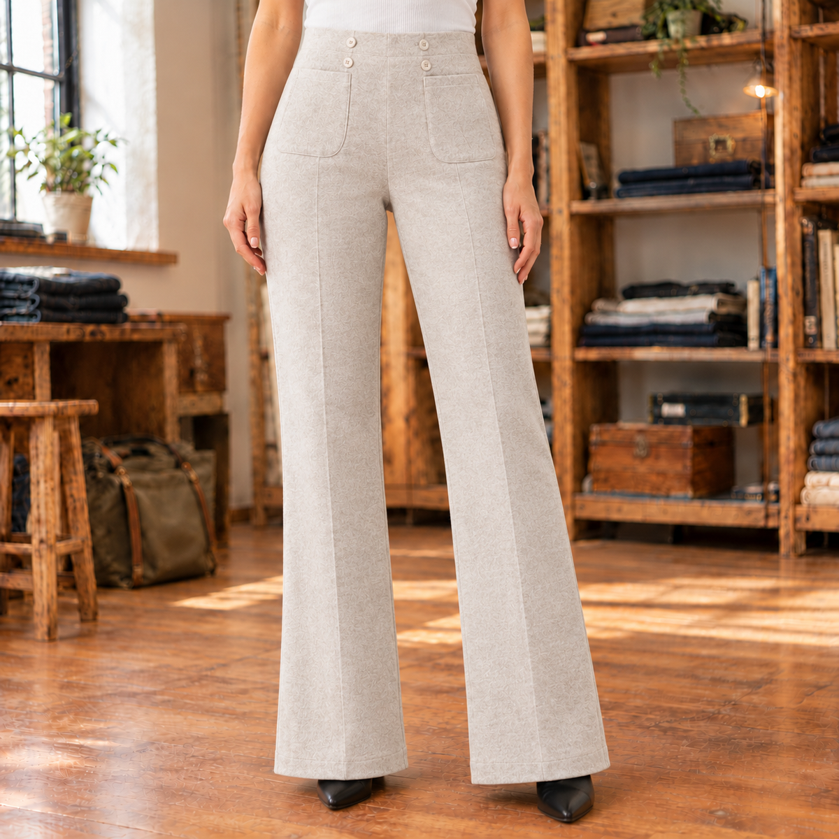Lauren Fleece-Lined Bootcut Trousers - Oatmeal, worn, full trousers