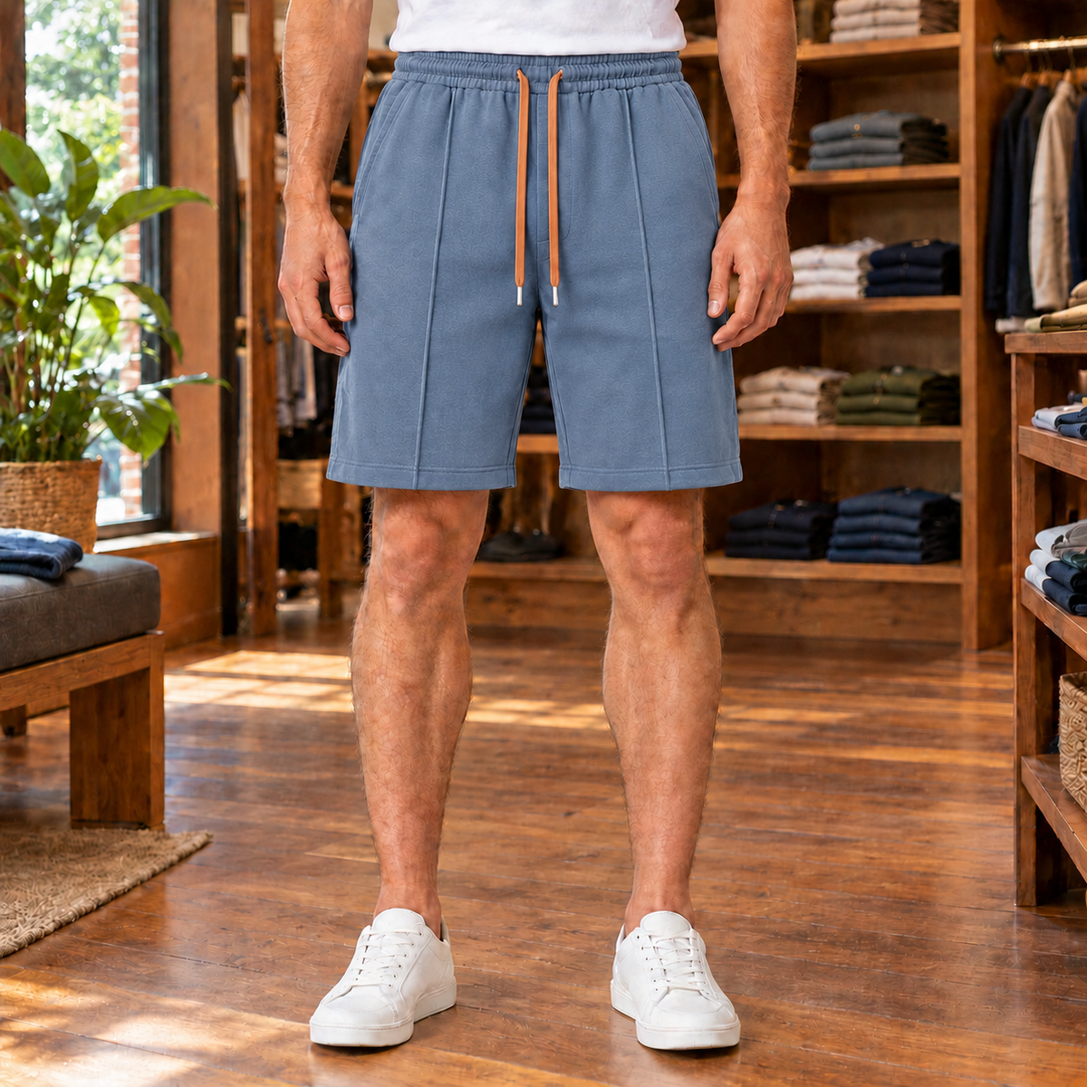 Dawson Pintuck Drawstring Shorts - Ocean Blue, worn, full shorts
