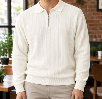Bennett Ribbed Half-Zip Knit Polo - Off-White, worn, full polo