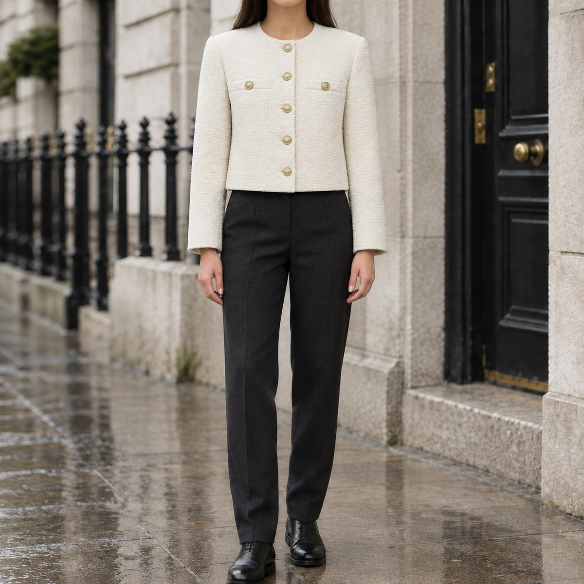 Claire Cropped Tweed Jacket - Off-White, worn, full jacket