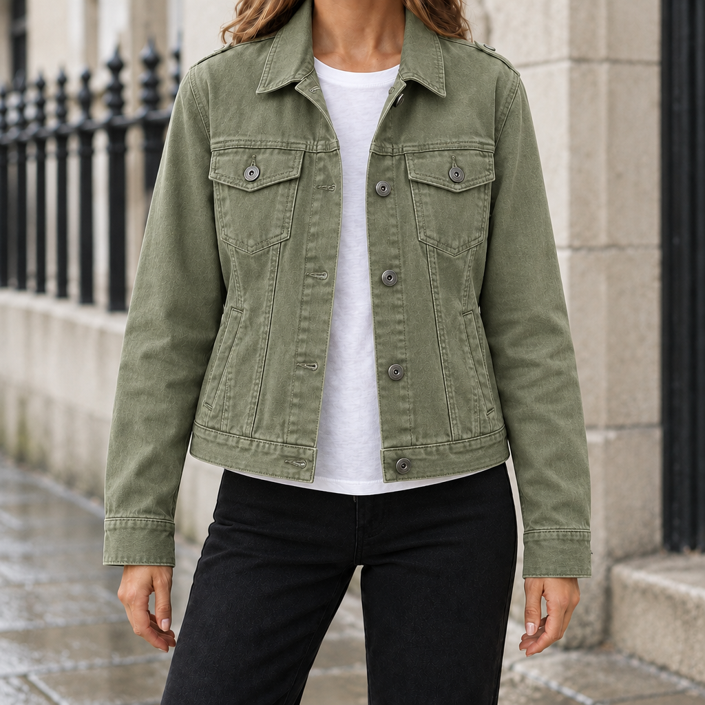 Delphine Cropped Denim Jacket - Olive Green, worn, full jacket