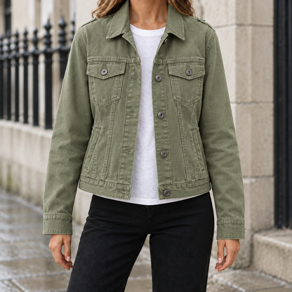 Delphine Cropped Denim Jacket - Olive Green, worn, full jacket