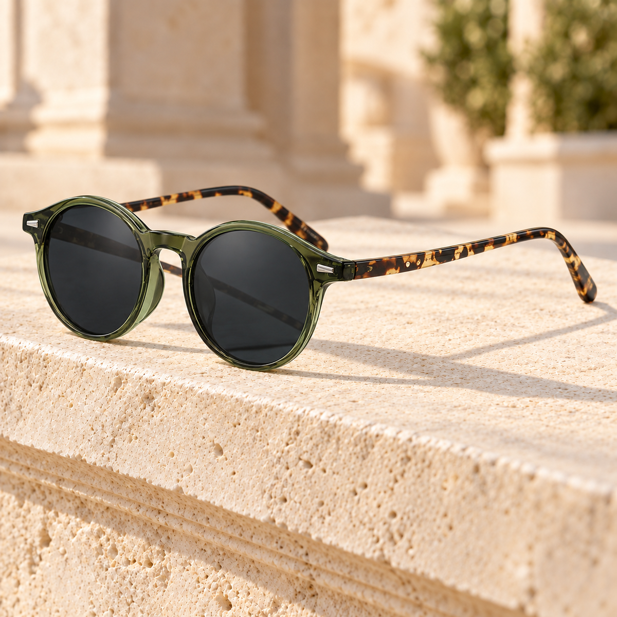 Jordan Round Acetate Sunglasses — Olive Tortoise, full frame