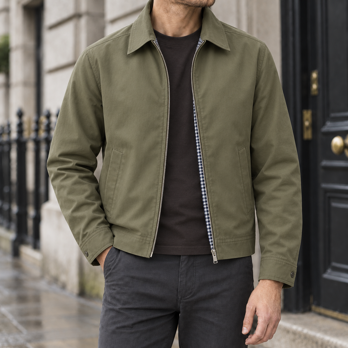 Wesley Gingham-Lined Harrington Jacket - Olive, worn open