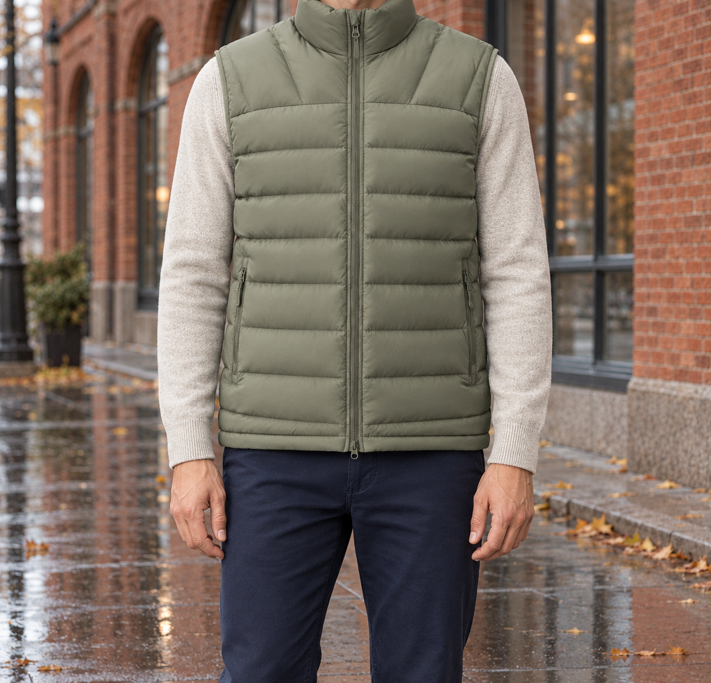 Tyler Stand-Collar Puffer Vest - Olive, worn, full vest