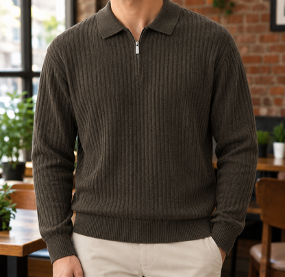 Bennett Ribbed Half-Zip Knit Polo - Olive, worn, full polo