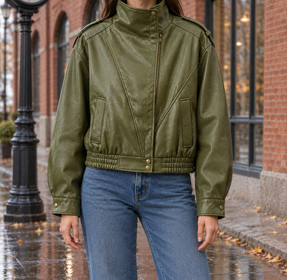 Jenna Faux-Leather Bomber Jacket - Olive, worn, full jacket