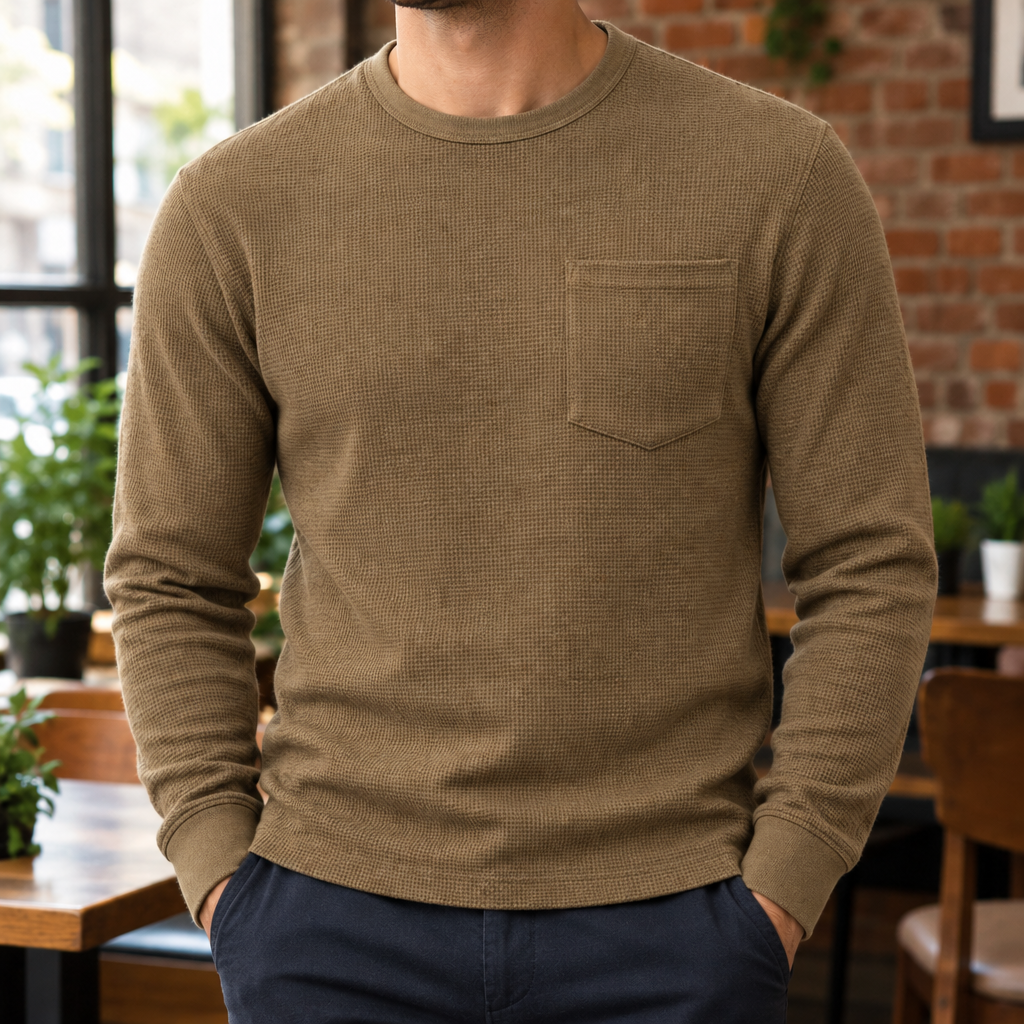 Owen Waffle Pocket Long-Sleeve Tee - Olive, worn, full tee