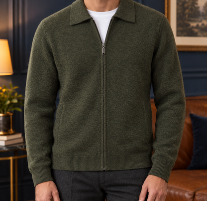 Walter Wool Zip Polo Cardigan - Olive, worn, full cardigan