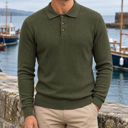 Richard Cable Jacquard Long-Sleeve Polo - Olive, worn, full polo