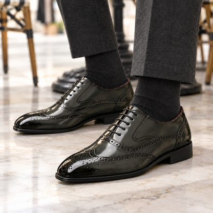 Stuart High-Shine Wingtip Brogues - Olive, worn pair