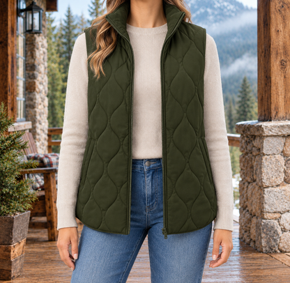 Megan Wave-Quilted Zip Vest - Olive, worn, full vest