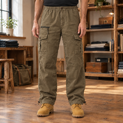 Tucker Cotton Cargo Pants - Olive, worn, full pants