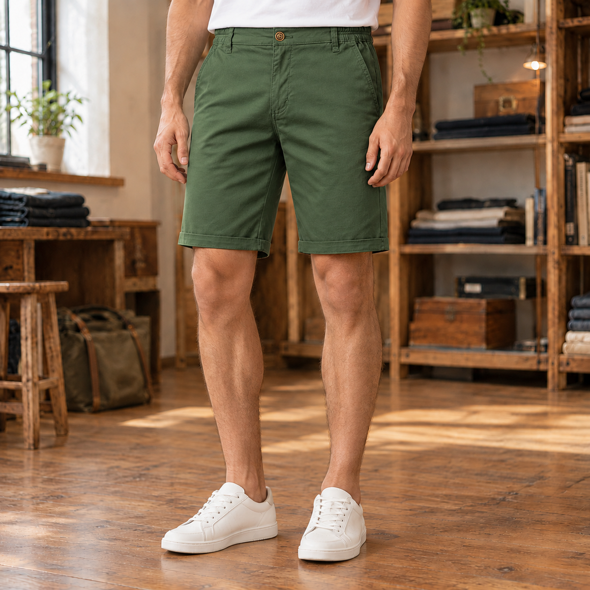 Bram Cotton Chino Shorts — Olive Green, worn, full shorts