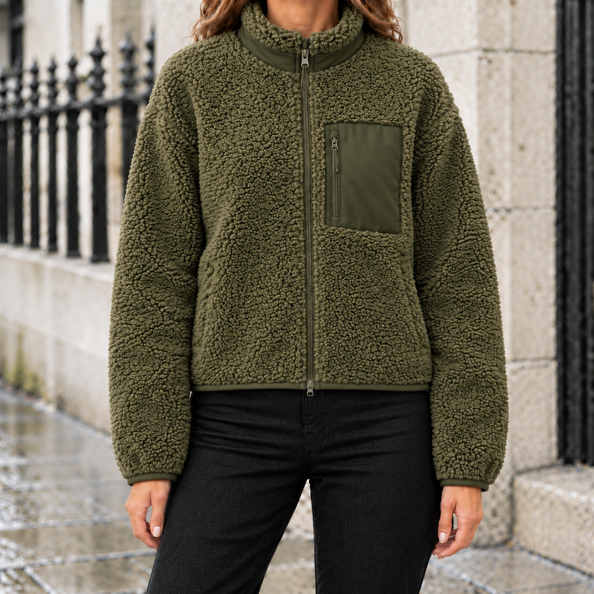 Hannah Sherpa Fleece Zip Jacket - Olive, worn, full jacket