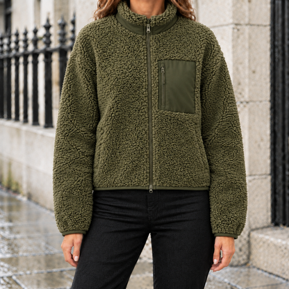 Hannah Sherpa Fleece Zip Jacket - Olive, worn, full jacket