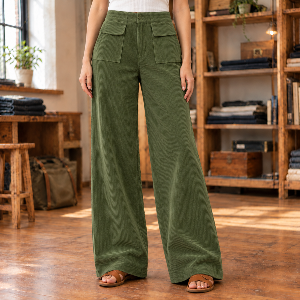 Kate Flap-Pocket Corduroy Wide-Leg Pants - Olive, worn, full pants