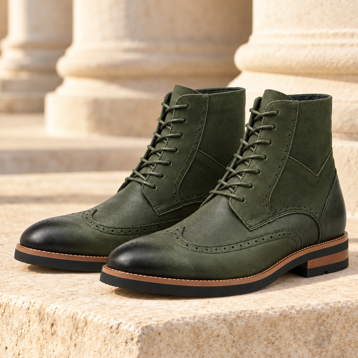 Russell Leather Wingtip Lace-Up Boots - Olive, full pair