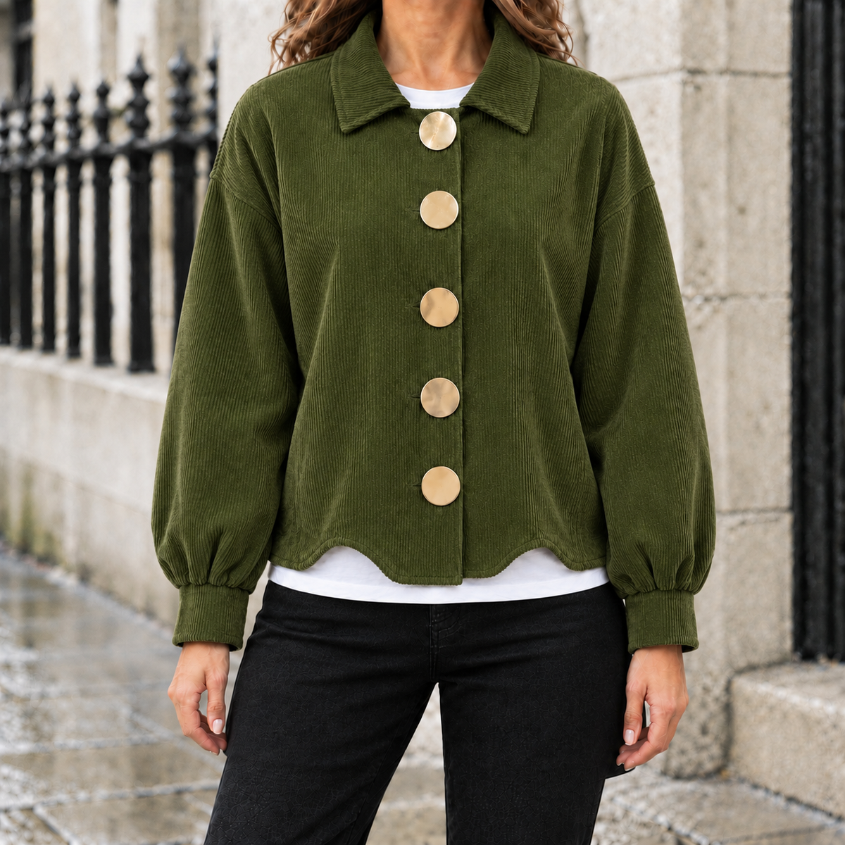 Hailey Big-Button Corduroy Jacket - Olive, worn, full jacket