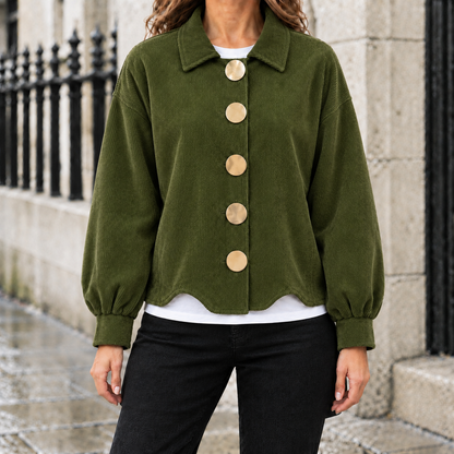 Hailey Big-Button Corduroy Jacket - Olive, worn, full jacket