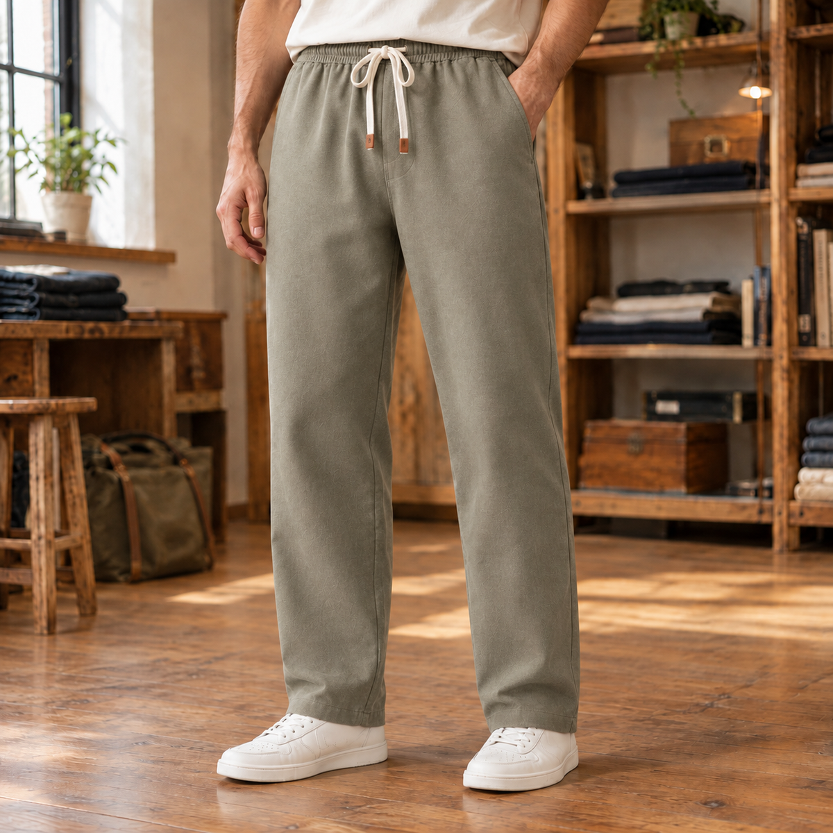 Shane Brushed Twill Drawstring Pants - Olive, worn, full pants
