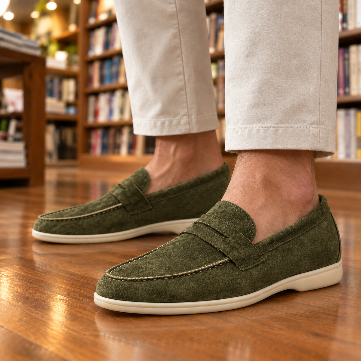Graham Cream-Sole Suede Penny Loafers - Olive, worn pair