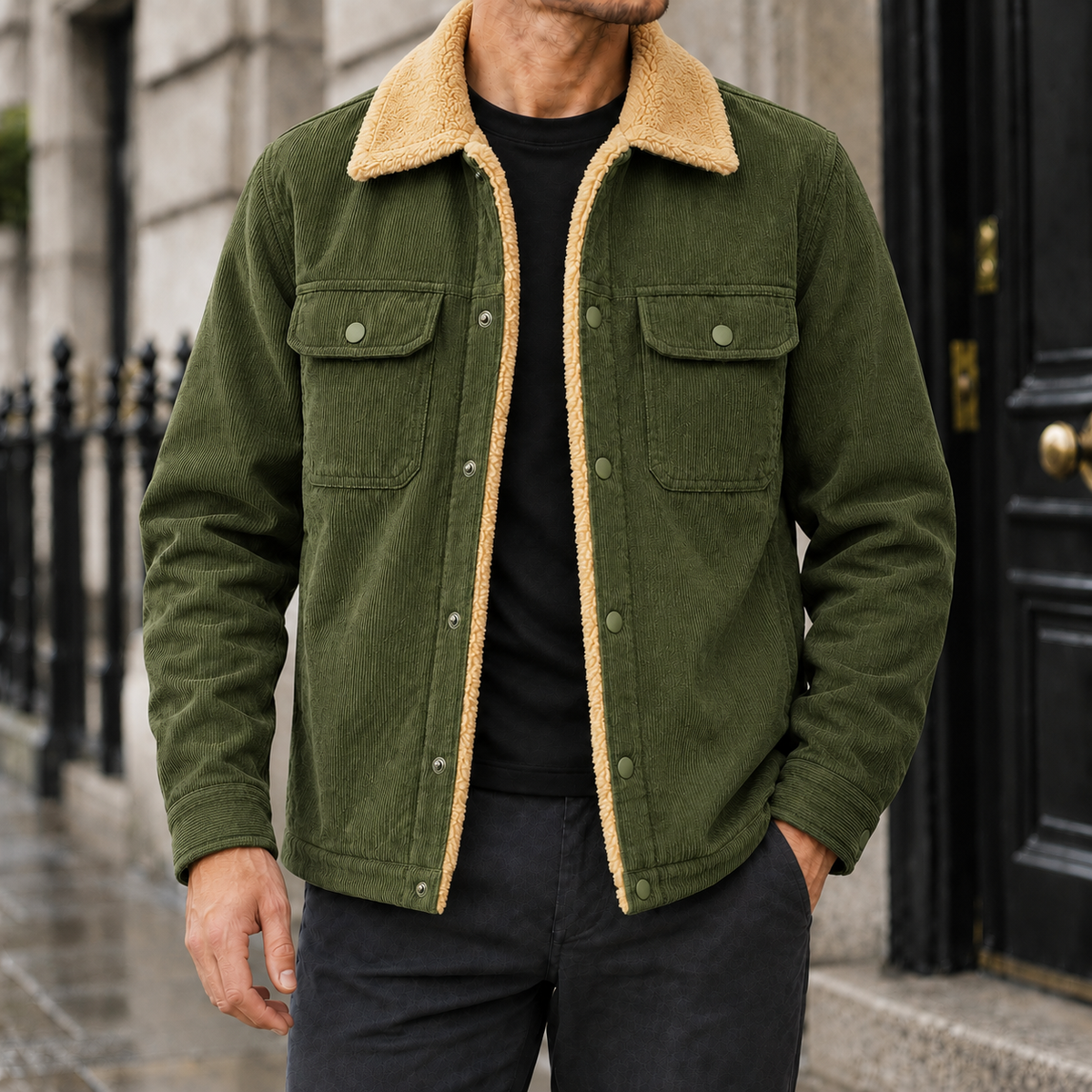 Colton Sherpa-Collar Corduroy Jacket - Olive, worn, full jacket