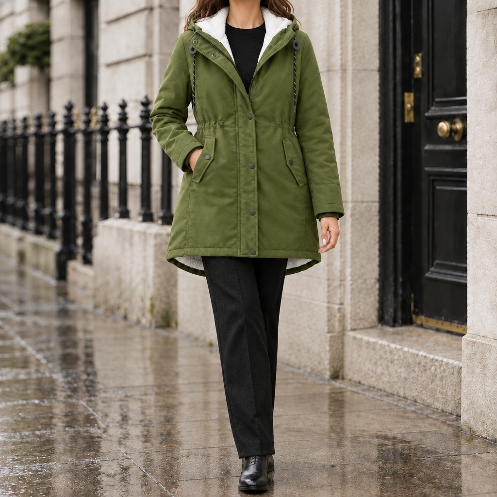 Kelly Sherpa-Lined Hooded Parka - Olive, worn, full coat