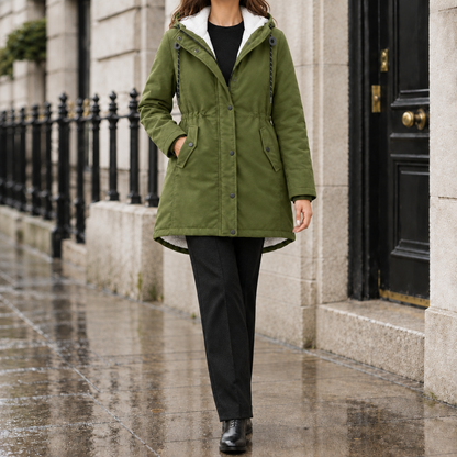 Kelly Sherpa-Lined Hooded Parka - Olive, worn, full coat