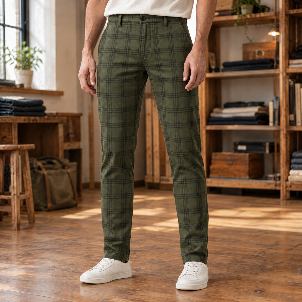 Harrison Plaid Stretch Slim Trousers - Olive, worn, full trousers