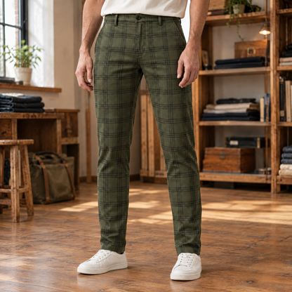 Harrison Plaid Stretch Slim Trousers - Olive, worn, full trousers