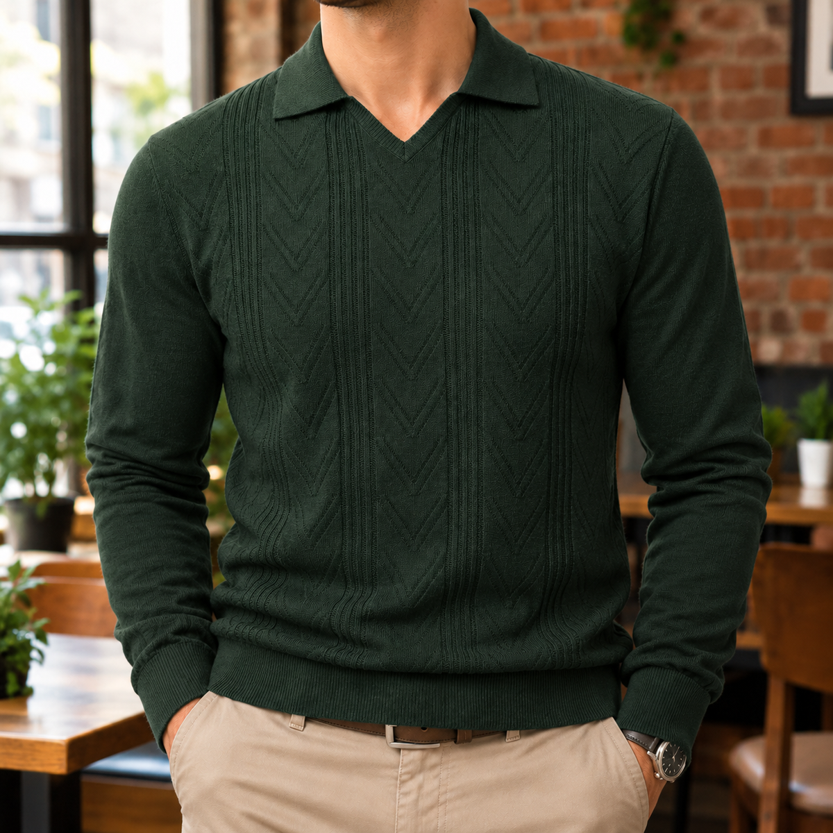 Paul Chevron-Knit Long-Sleeve Polo - Olive, worn, full polo