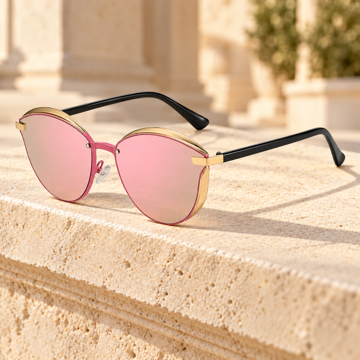 Grace Metal-Brow Cat-Eye Sunglasses — Pink/Pink Mirror, full frame