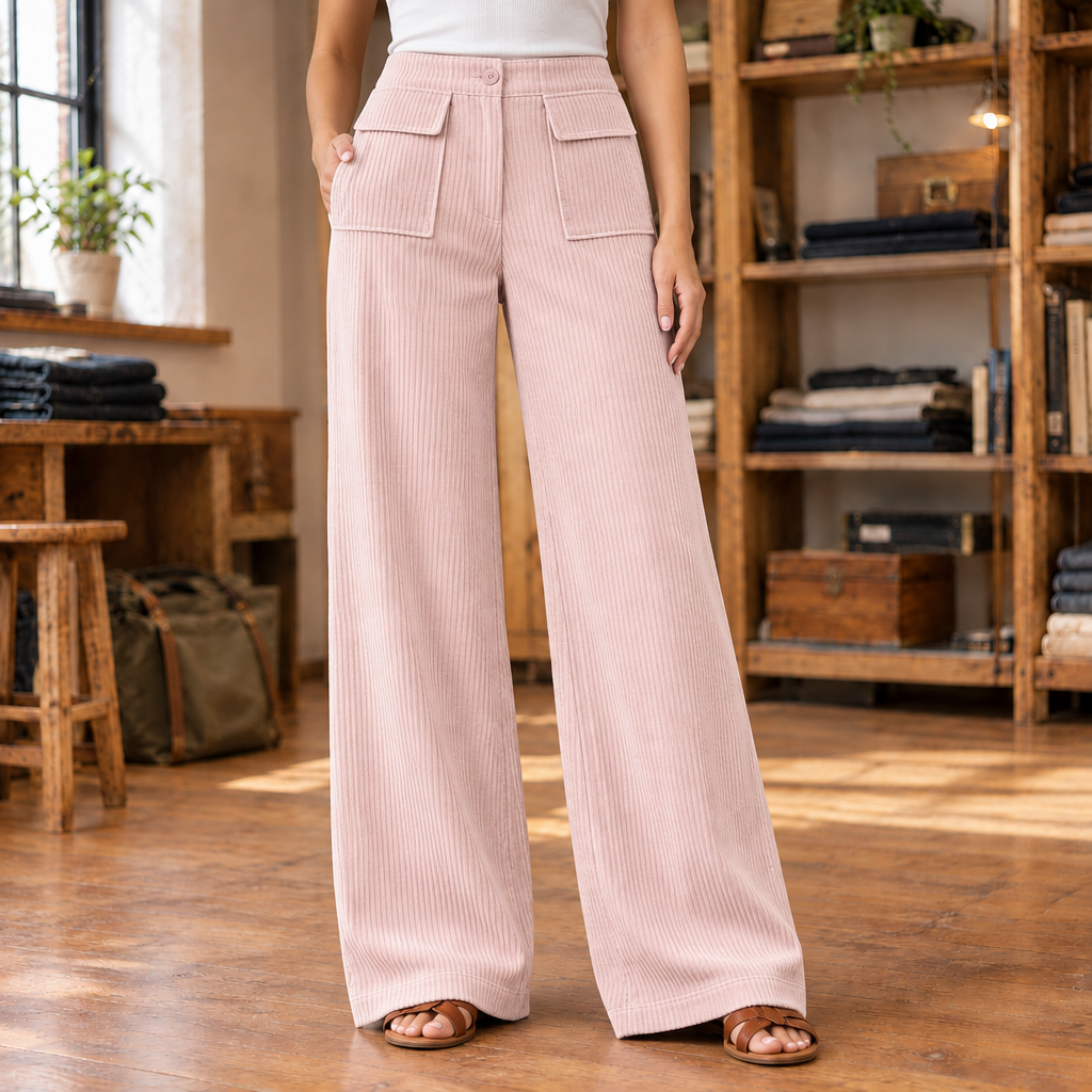 Kate Flap-Pocket Corduroy Wide-Leg Pants - Pink, worn, full pants