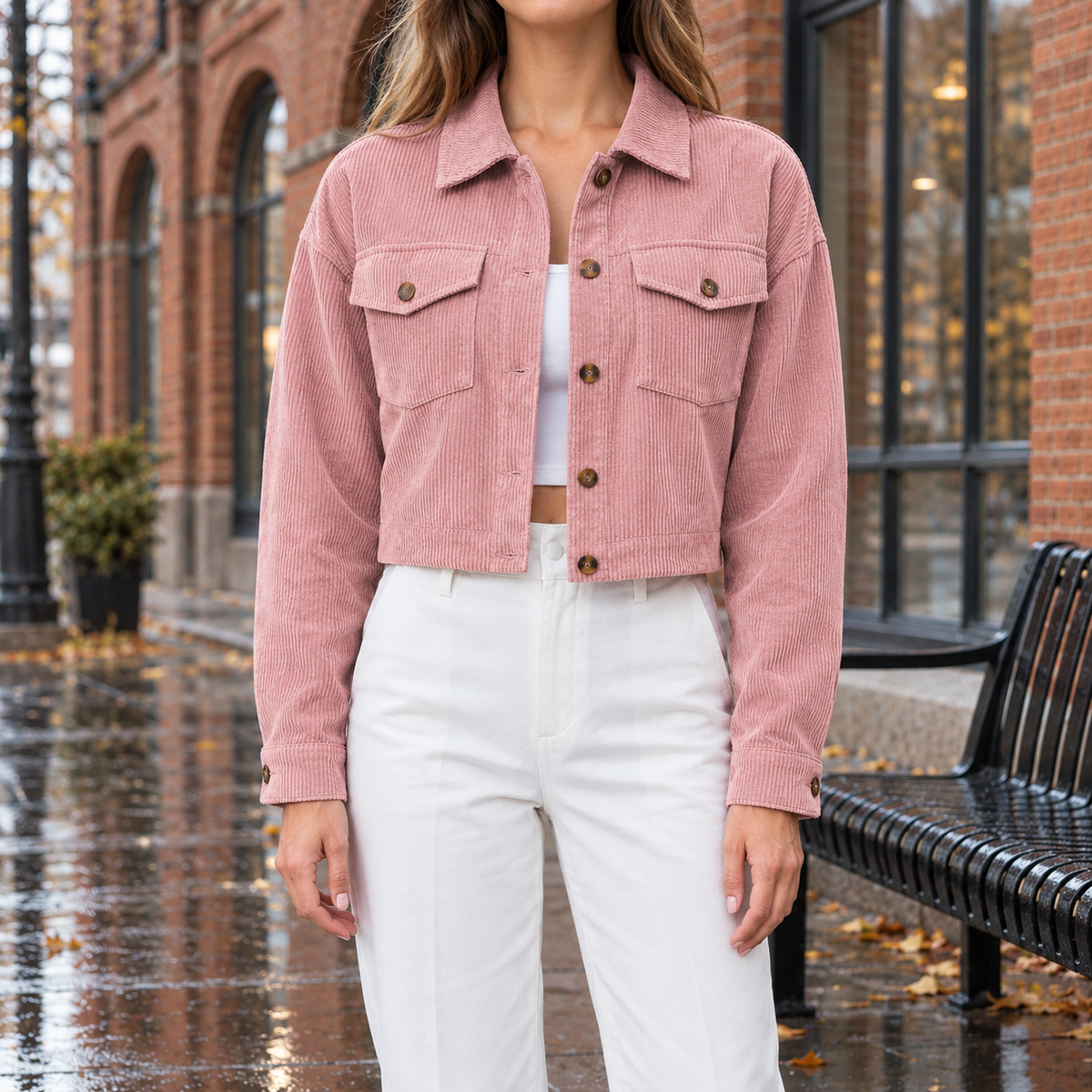 Abby Cropped Corduroy Jacket - Pink, worn, full jacket