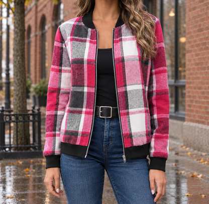 Molly Plaid Zip Bomber Jacket - Pink, worn, full jacket