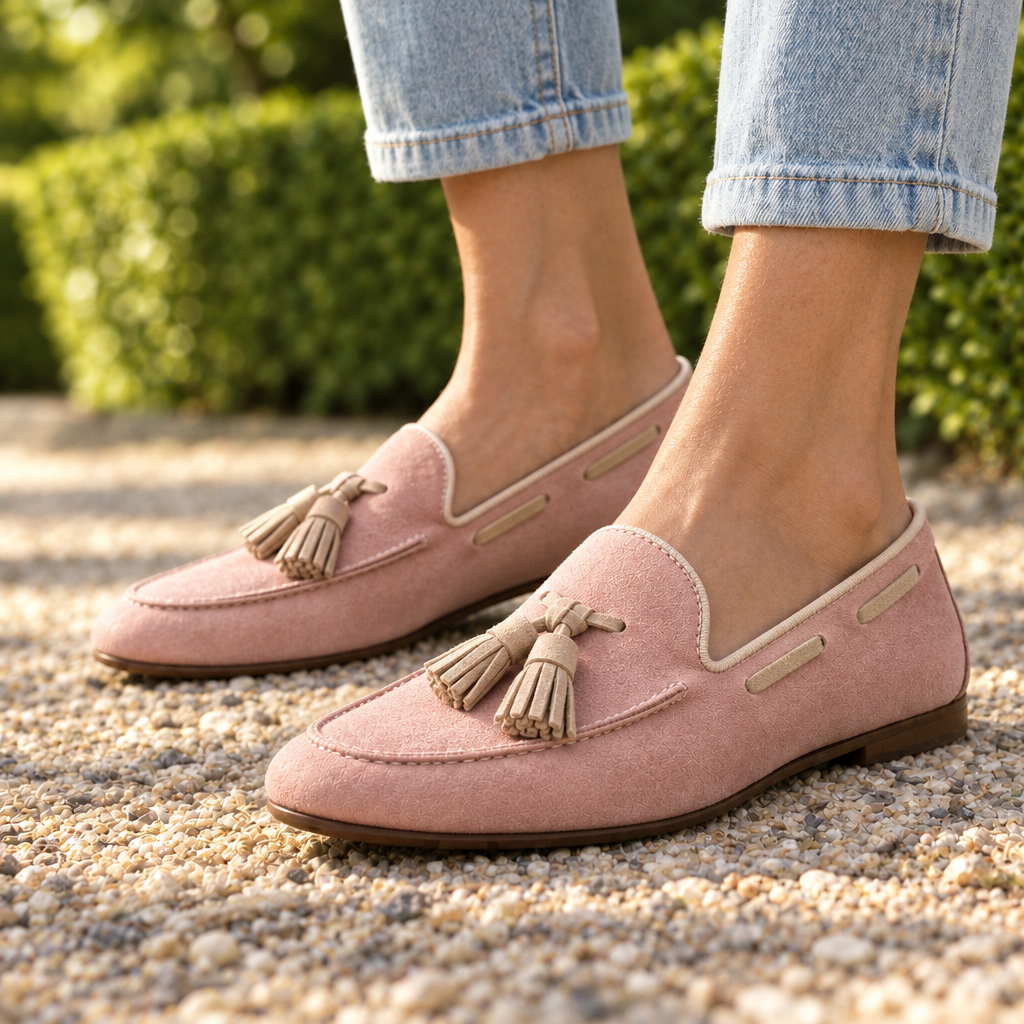 Julia Piped Suede Tassel Loafers - Pink, worn pair