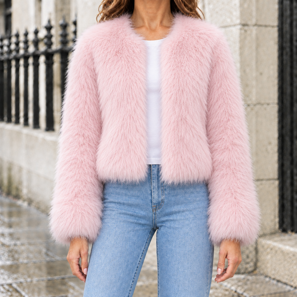 Ashley Faux-Fur Cropped Jacket - Cherry Blossom Pink, worn