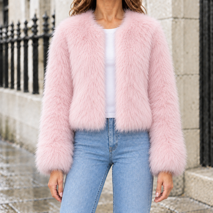 Ashley Faux-Fur Cropped Jacket - Cherry Blossom Pink, worn