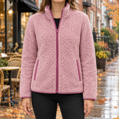 Ellie Piped Teddy Zip Jacket - Pink, worn, full jacket