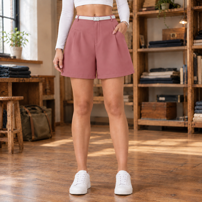 Lauren Belted Pleated Shorts - Pink, worn, full shorts