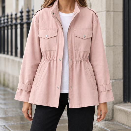 Sabine Drawstring-Waist Utility Jacket — Pink, worn, full jacket