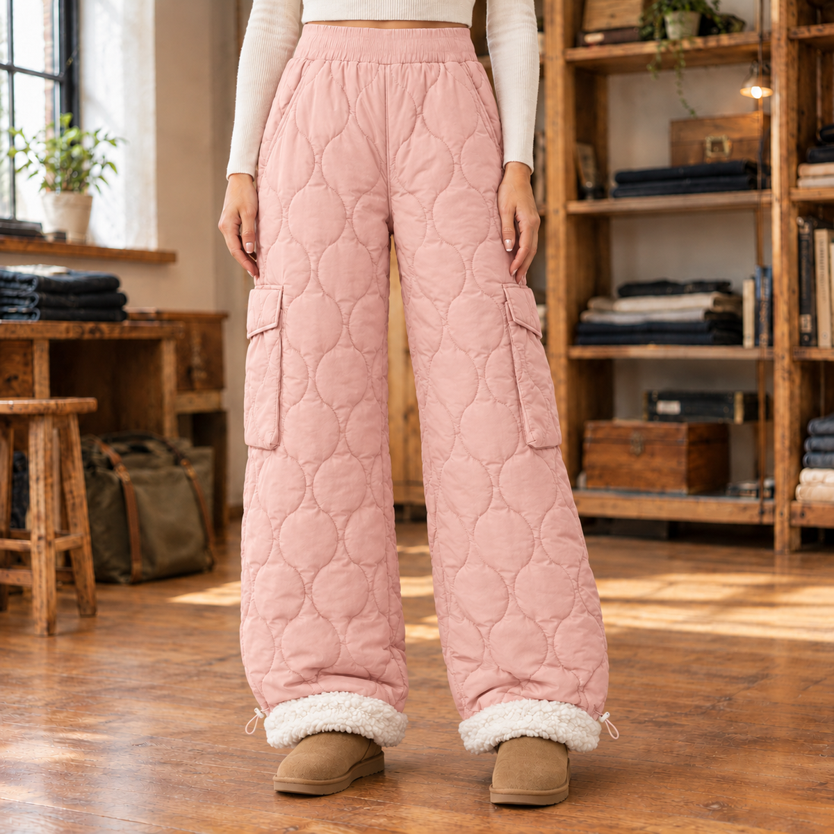 Ivy Quilted Fleece-Lined Cargo Pants - Pink, worn, full pants