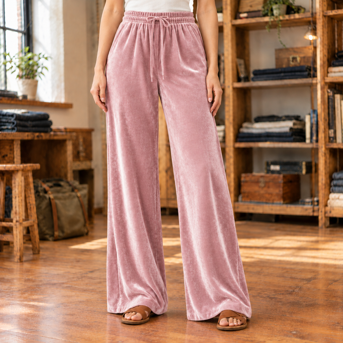 Violet Velvet Drawstring Wide-Leg Pants - Pink, worn, full length