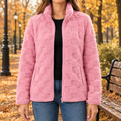 Haley Checkered Plush Zip Jacket - Pink, worn
