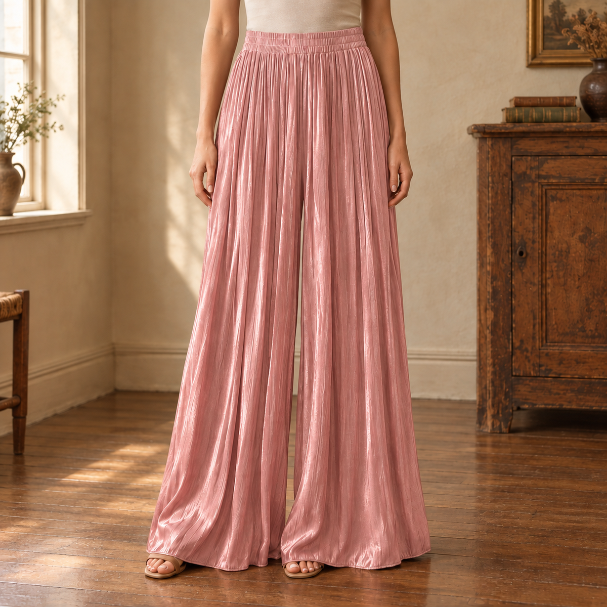 Ondine Pleated Satin Wide-Leg Pants — Pink, worn, full pants