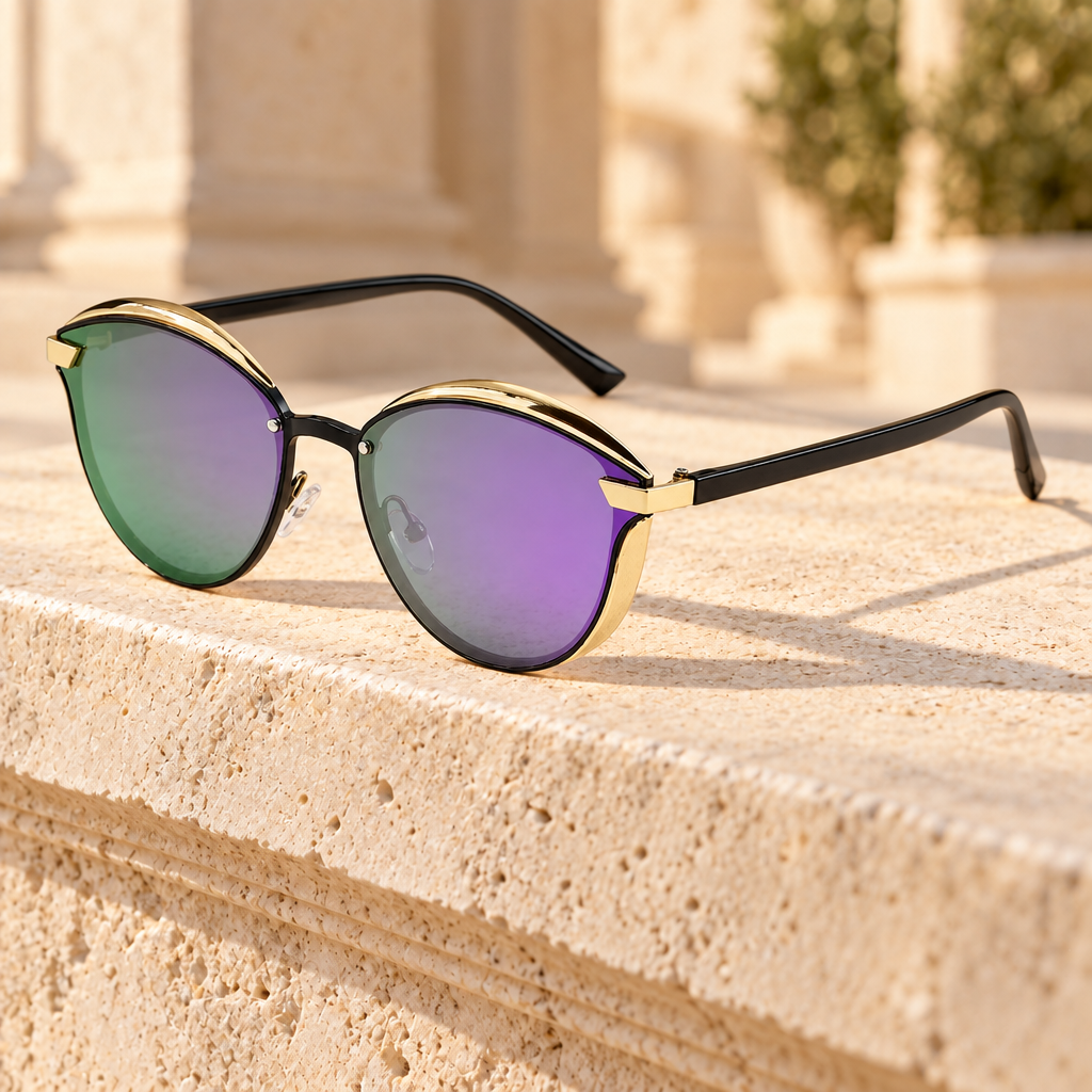 Grace Metal-Brow Cat-Eye Sunglasses — Black/Purple Mirror, full frame