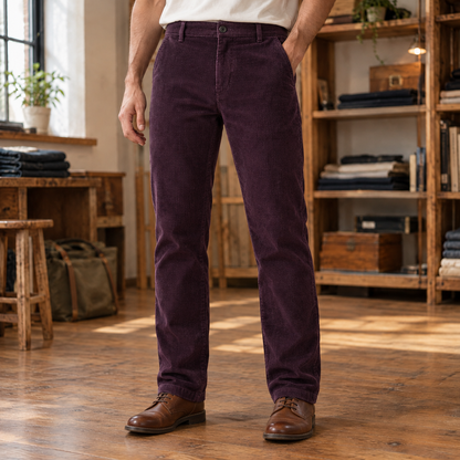 Elliott Wide-Wale Corduroy Trousers - Purple, worn, full length