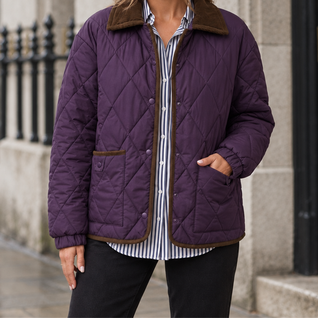 Linnea Corduroy-Collar Quilted Jacket - Purple, worn, full jacket